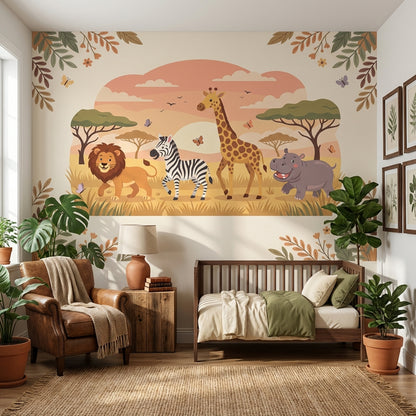Safari Hayvanlı Poster Duvar Kağıdı Çocuk Odası Pastel Desenli