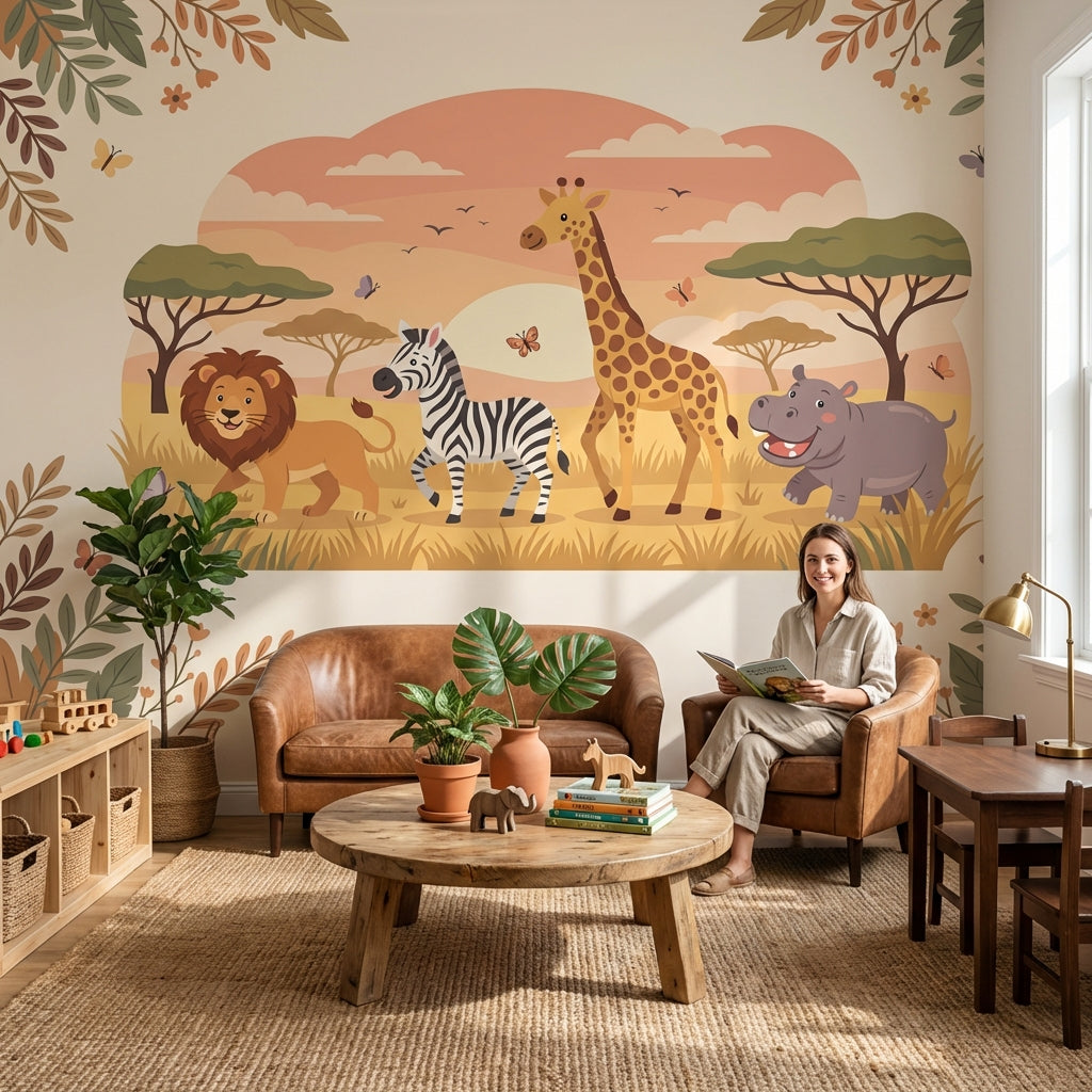 Safari Hayvanlı Poster Duvar Kağıdı Çocuk Odası Pastel Desenli