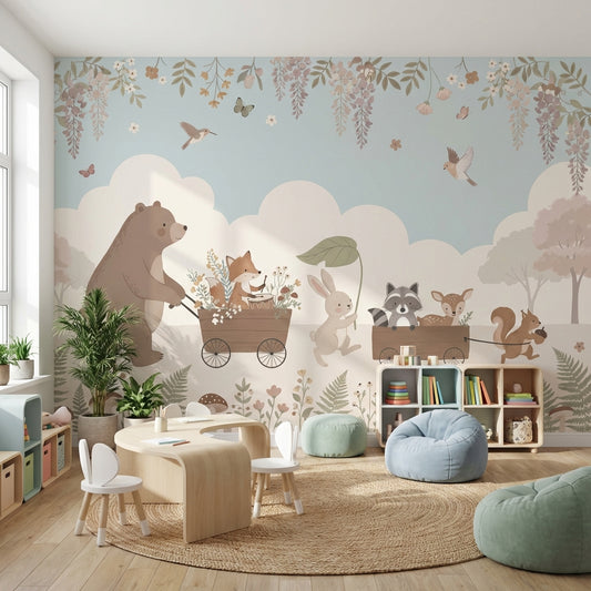 Orman Hayvanlı Poster Duvar Kağıdı Pastel Çocuk Odası Desenli