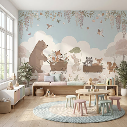 Orman Hayvanlı Poster Duvar Kağıdı Pastel Çocuk Odası Desenli