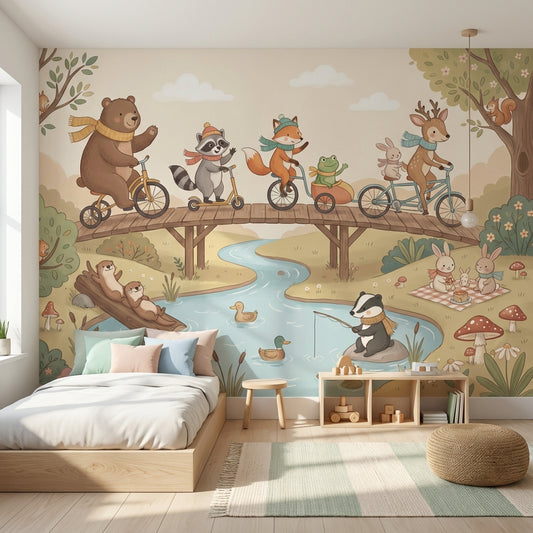 Orman Hayvanlı Poster Duvar Kağıdı Pastel Çocuk Odası Deseni