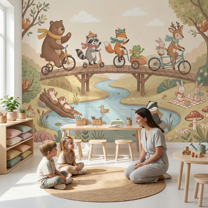 Orman Hayvanlı Poster Duvar Kağıdı Pastel Çocuk Odası Deseni