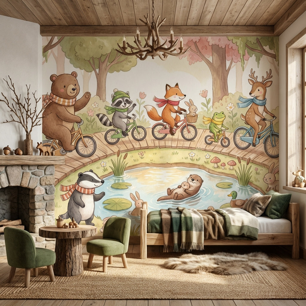 Orman Hayvanlı Poster Duvar Kağıdı Çocuk Odası Pastel İllüstrasyon