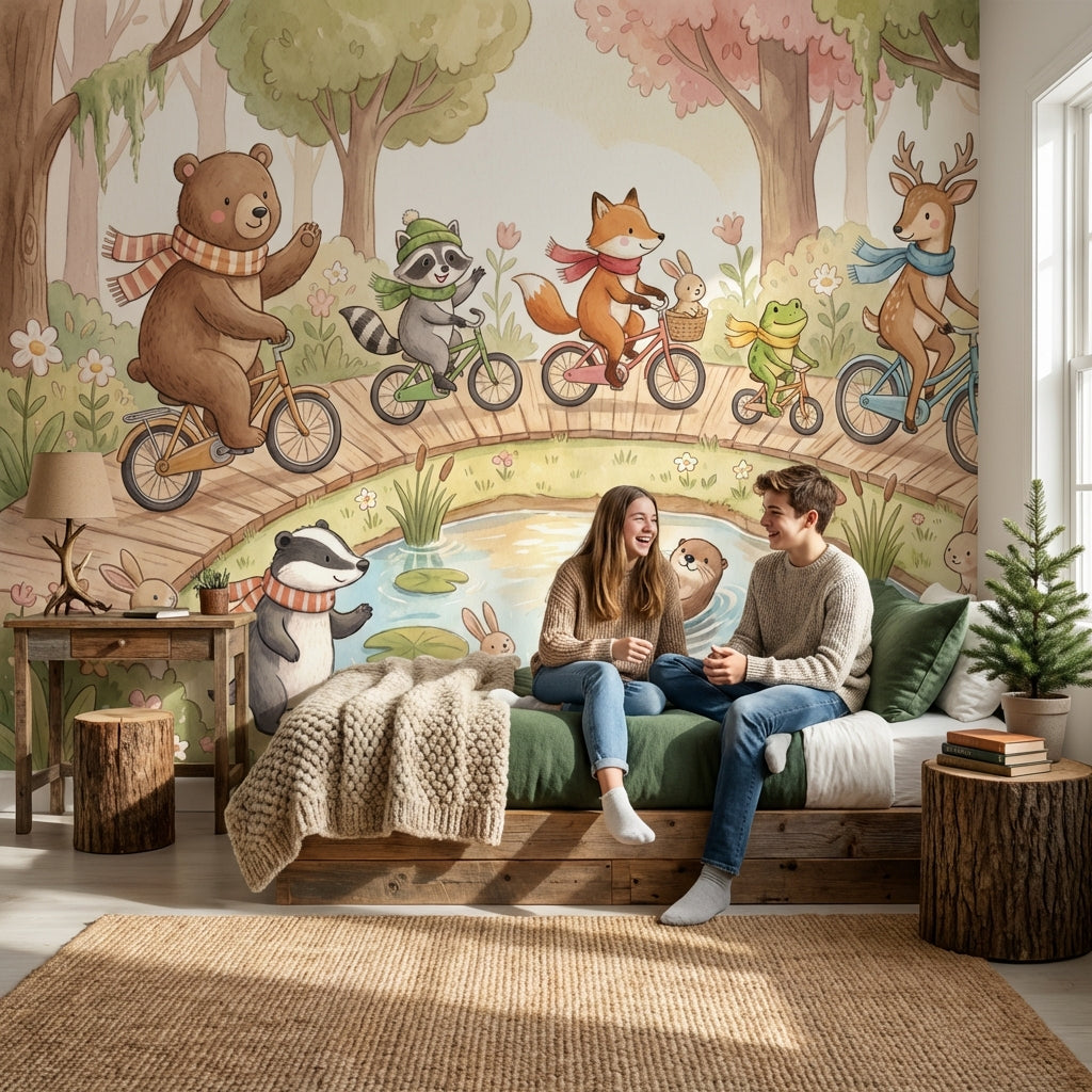 Orman Hayvanlı Poster Duvar Kağıdı Çocuk Odası Pastel İllüstrasyon