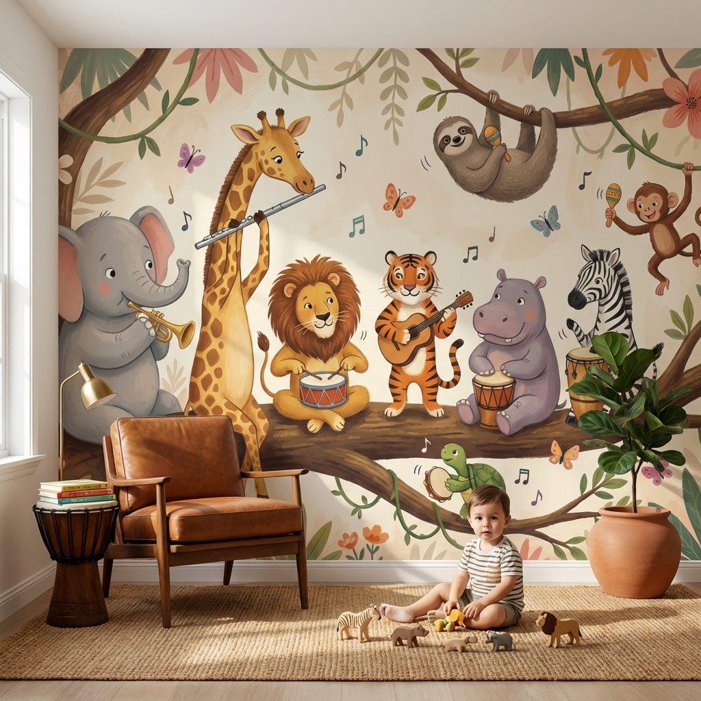 Müzikli Safari Hayvanları Poster Duvar Kağıdı Çocuk Odası