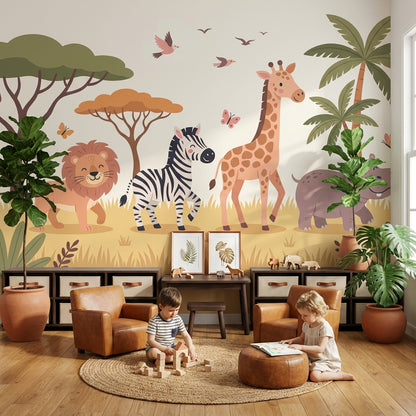 Safari Hayvanlı Poster Duvar Kağıdı Çocuk Odası Bej Tonlar