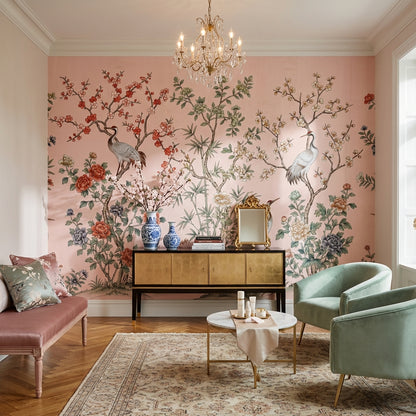 Turna Kuşlu Çiçekli Poster Duvar Kağıdı Pudra Pembe Salon