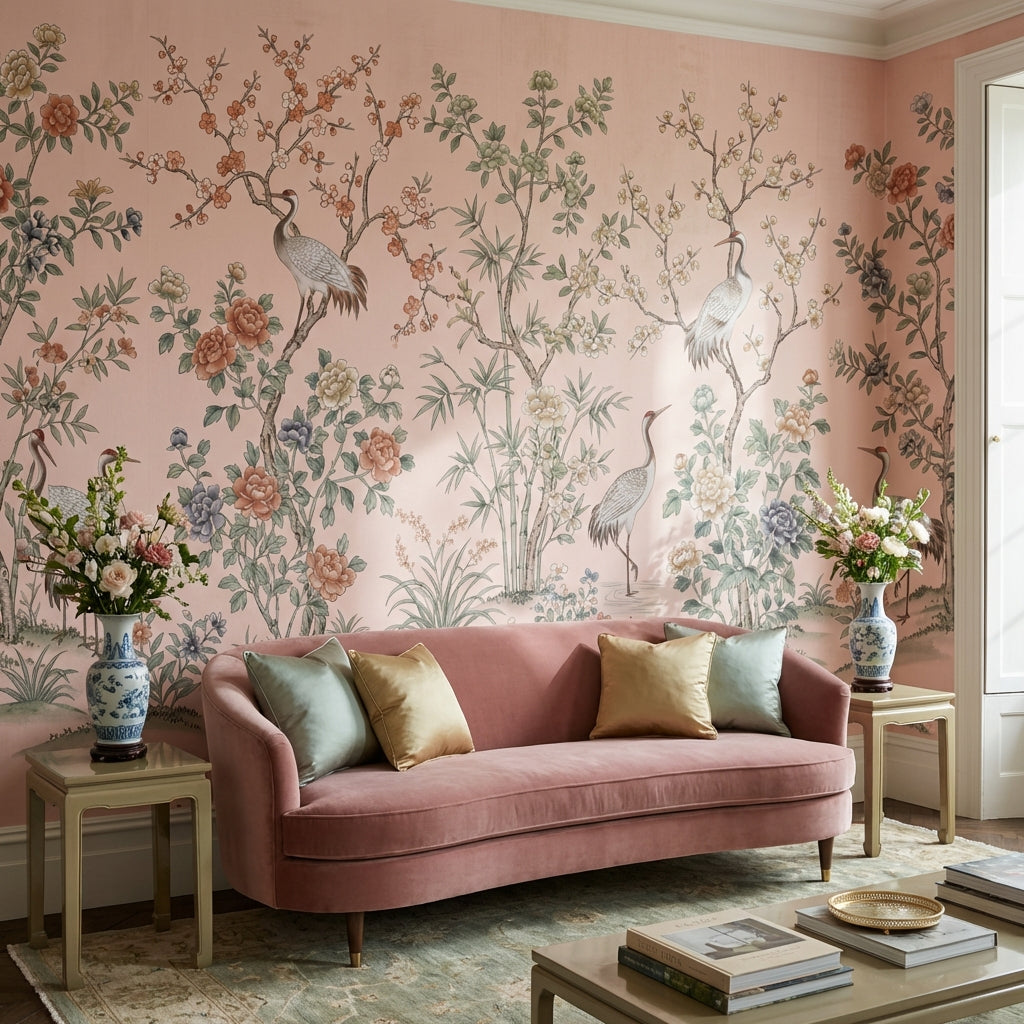 Turna Kuşlu Çiçekli Poster Duvar Kağıdı Pudra Pembe Salon