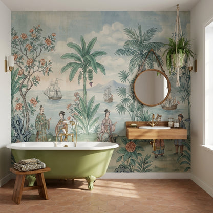 Uzak Doğu Manzaralı Poster Duvar Kağıdı Yeşil Mavi Banyo