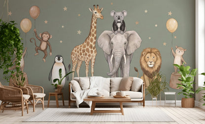 Safari Hayvanları Poster Duvar Kağıdı Yeşil Çocuk Odası Desenli