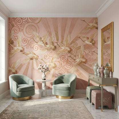 Uçan Turna Kuşlu Poster Duvar Kağıdı Pudra Pembe Salon