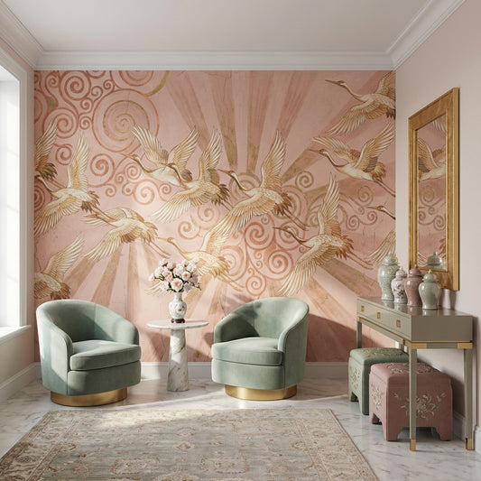 Uçan Turna Kuşlu Poster Duvar Kağıdı Pudra Pembe Salon
