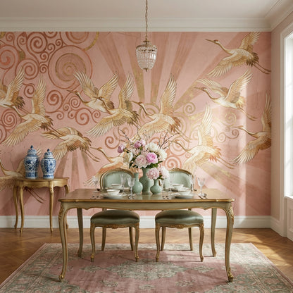 Uçan Turna Kuşlu Poster Duvar Kağıdı Pudra Pembe Salon