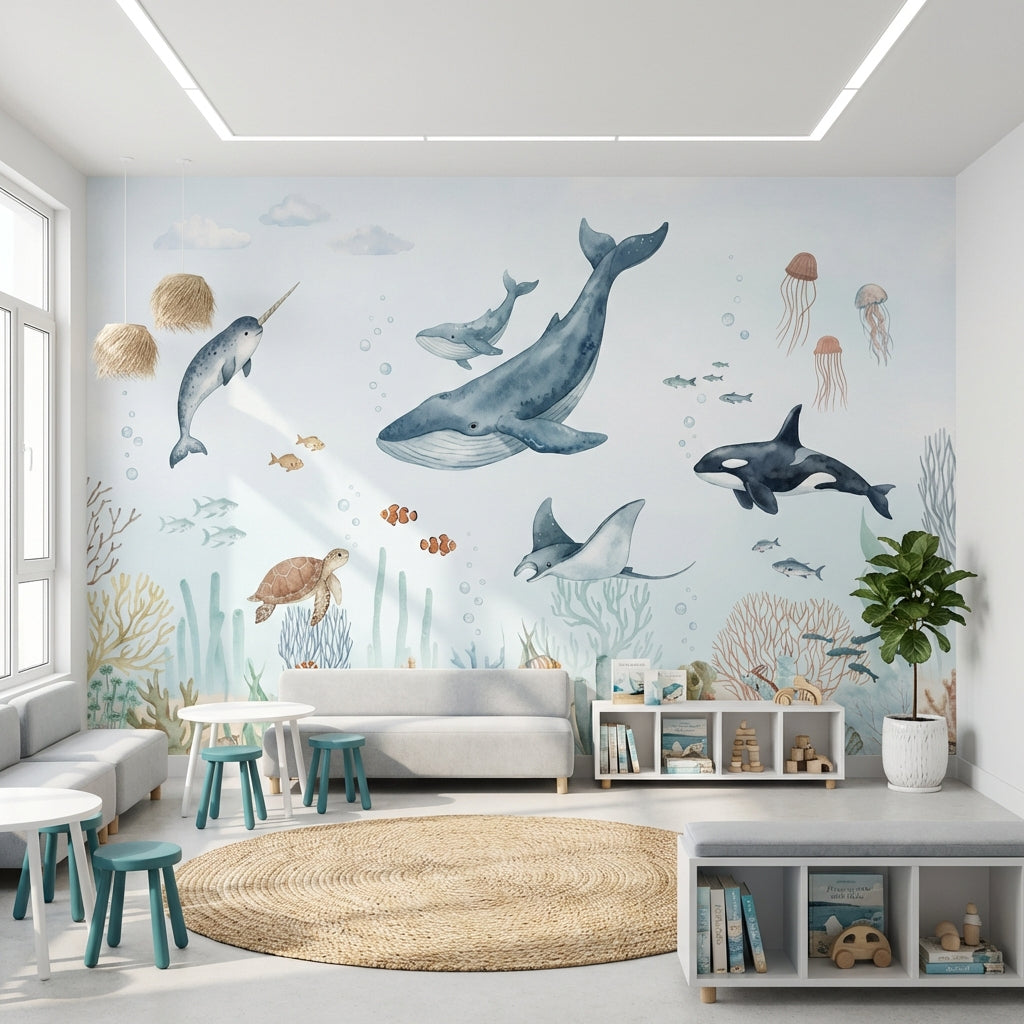 Deniz Canlıları Poster Duvar Kağıdı Mavi Çocuk Odası Desenli
