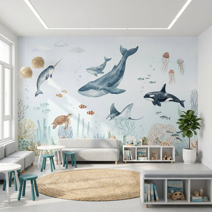 Deniz Canlıları Poster Duvar Kağıdı Mavi Çocuk Odası Desenli
