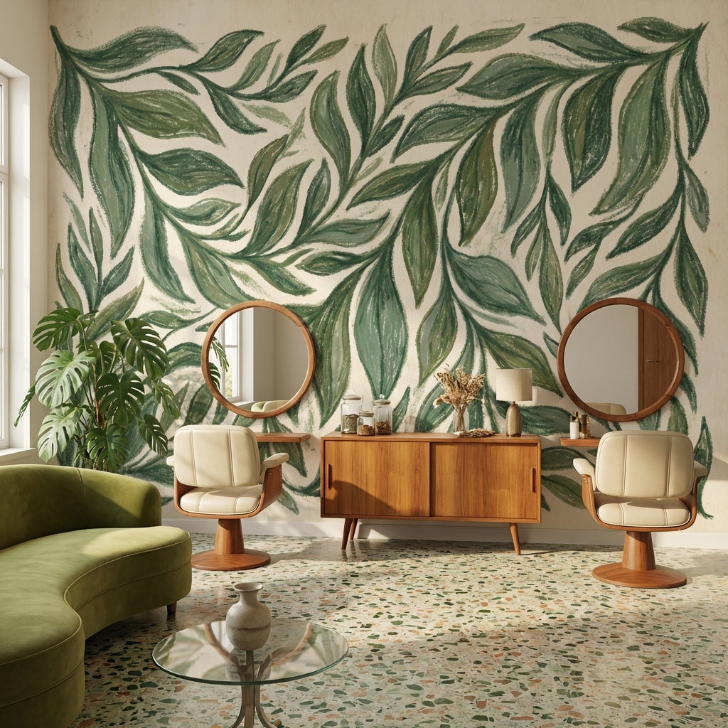 Yeşil Yaprak Desenli Poster Duvar Kağıdı Modern Salon Dekoru