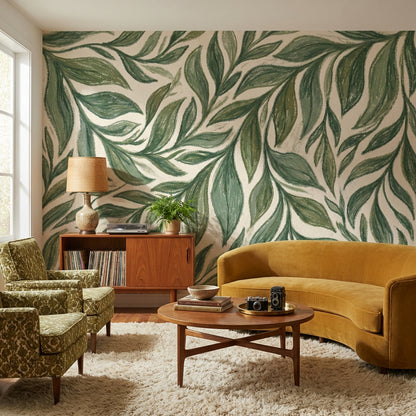 Yeşil Yaprak Desenli Poster Duvar Kağıdı Modern Salon Dekoru