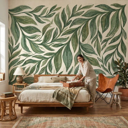 Yeşil Yaprak Desenli Poster Duvar Kağıdı Modern Salon Dekoru