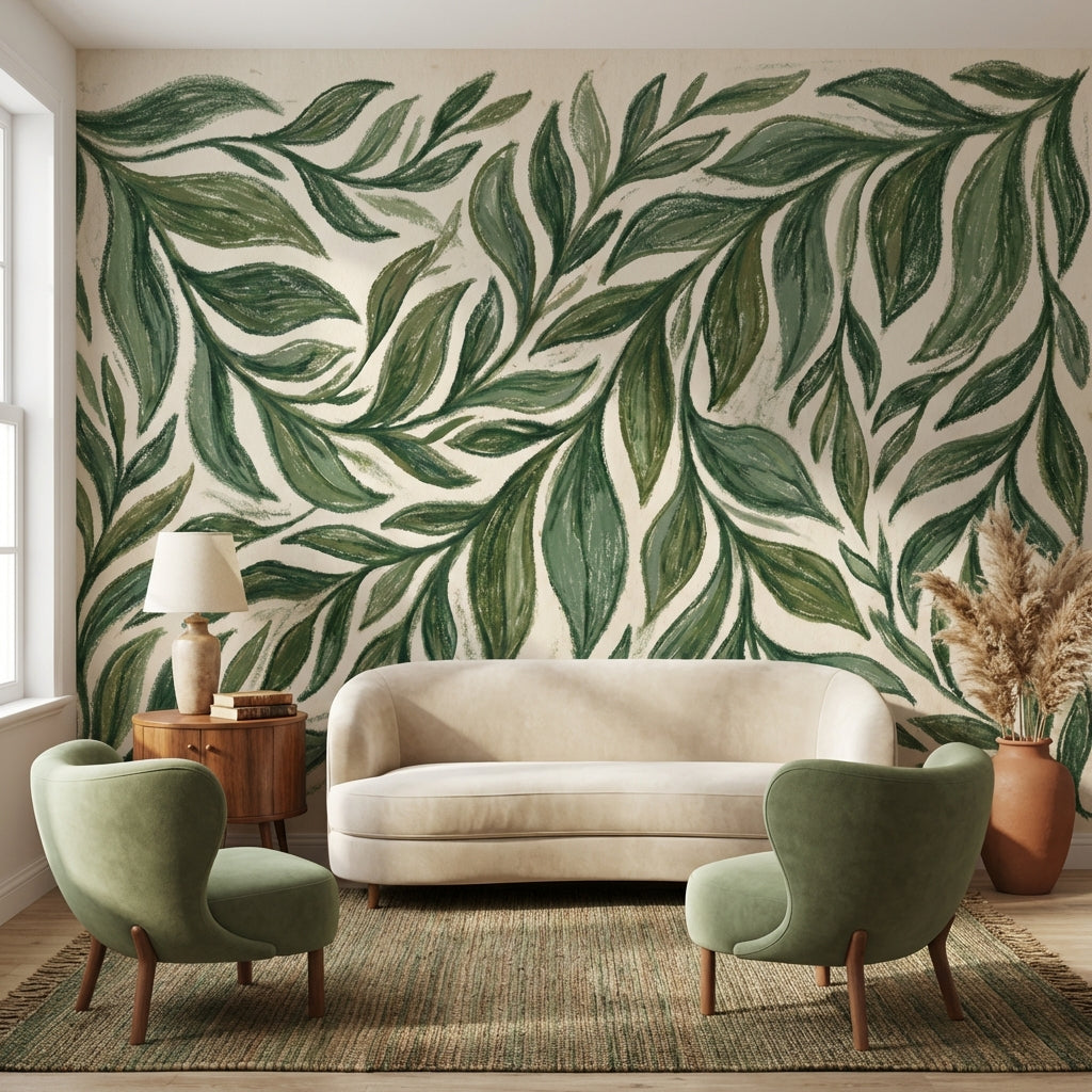 Yeşil Yaprak Desenli Poster Duvar Kağıdı Modern Salon Dekoru