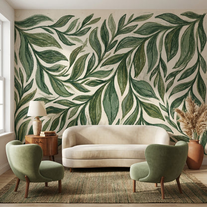 Yeşil Yaprak Desenli Poster Duvar Kağıdı Modern Salon Dekoru
