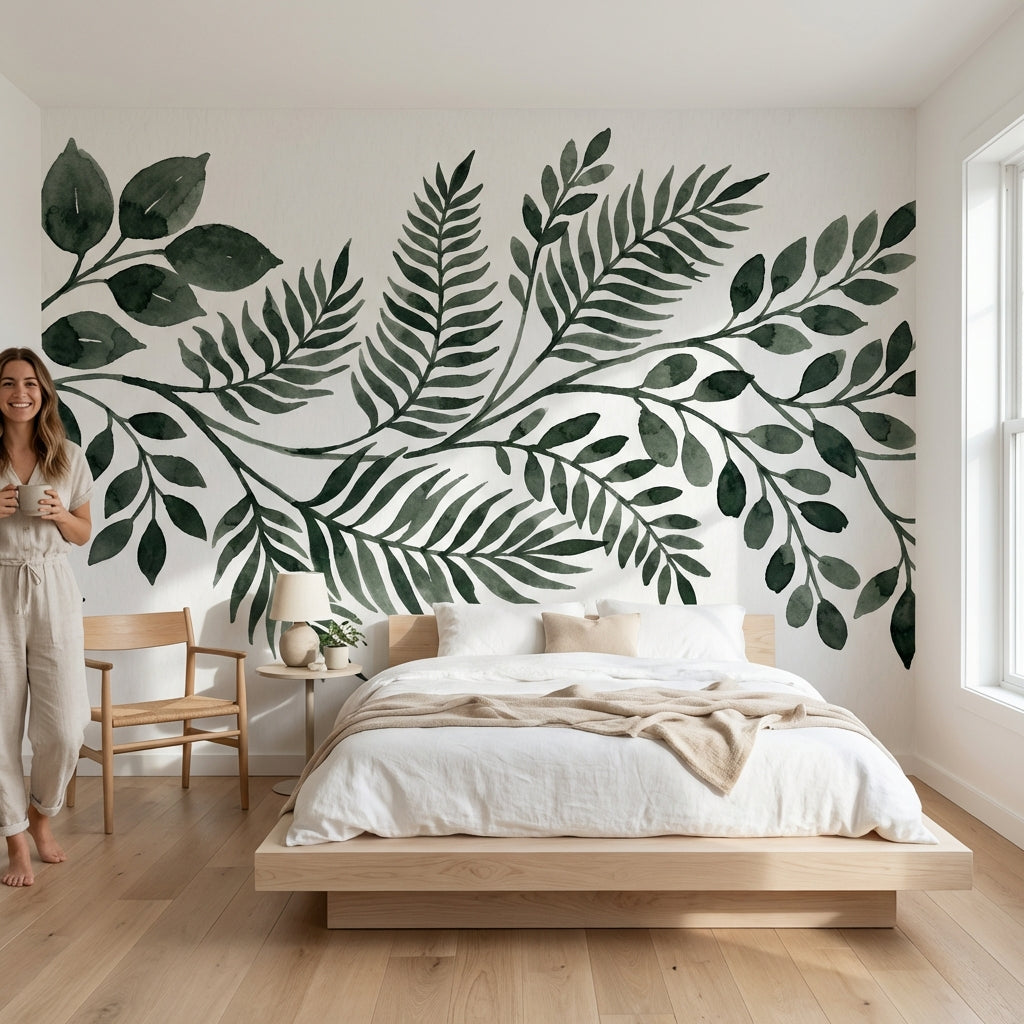 Botanik Yaprak Desenli Poster Duvar Kağıdı Yeşil Salon Duvarı
