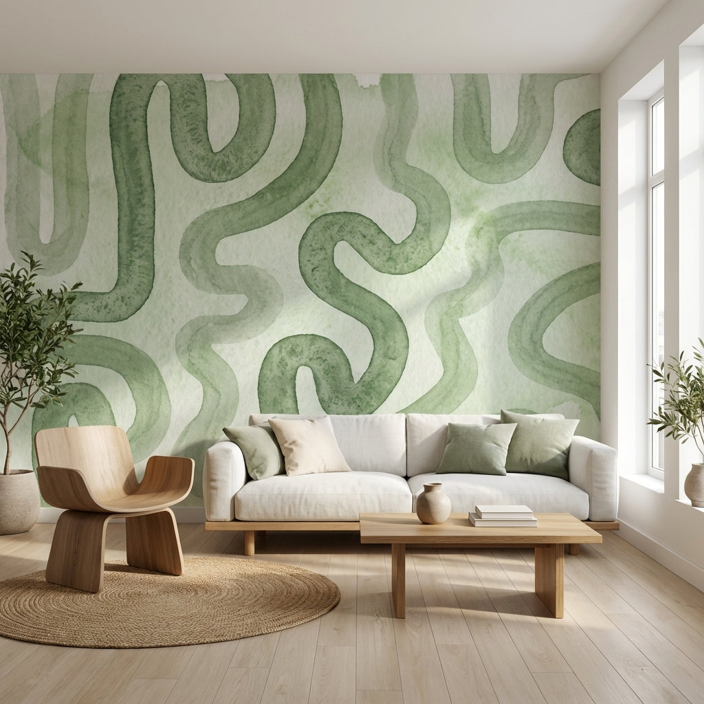 Soyut Kıvrımlı Poster Duvar Kağıdı Yeşil Modern Salon