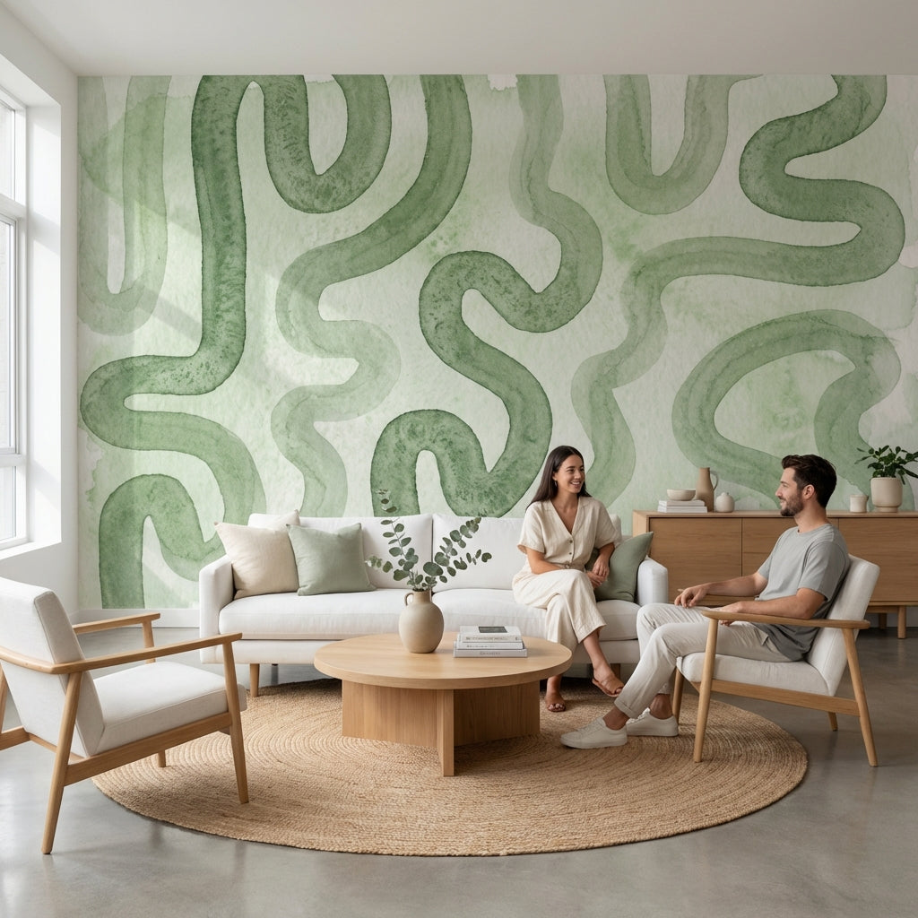 Soyut Kıvrımlı Poster Duvar Kağıdı Yeşil Modern Salon
