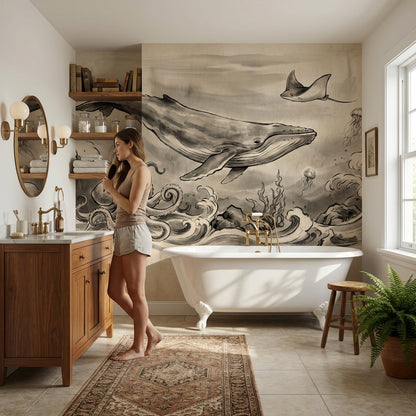 Deniz Canlıları Çizimli Poster Duvar Kağıdı Gri Salon Duvarı
