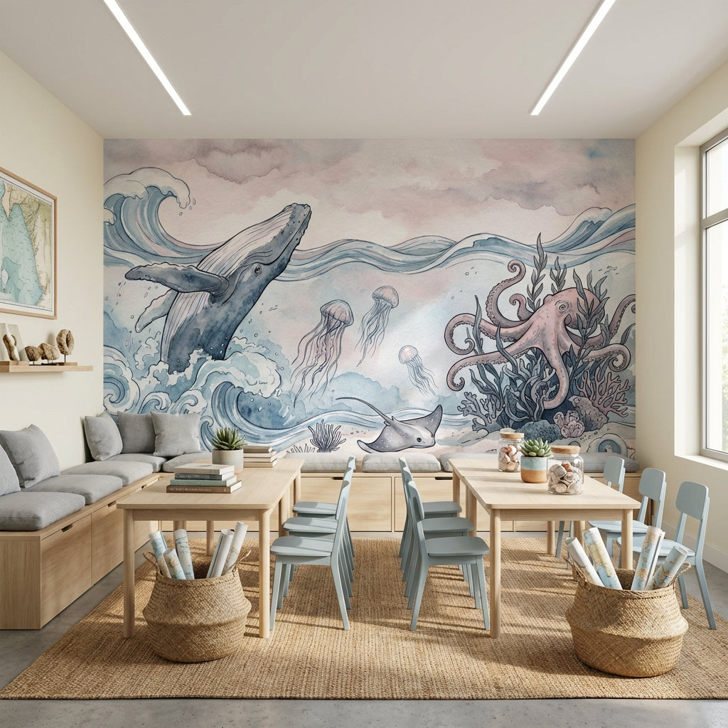 Deniz Canlıları Poster Duvar Kağıdı Pastel Mavi Çocuk Odası