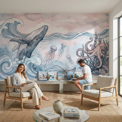 Deniz Canlıları Poster Duvar Kağıdı Pastel Mavi Çocuk Odası