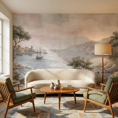Sulu Boya Sahil Manzaralı Poster Duvar Kağıdı Pastel Salon