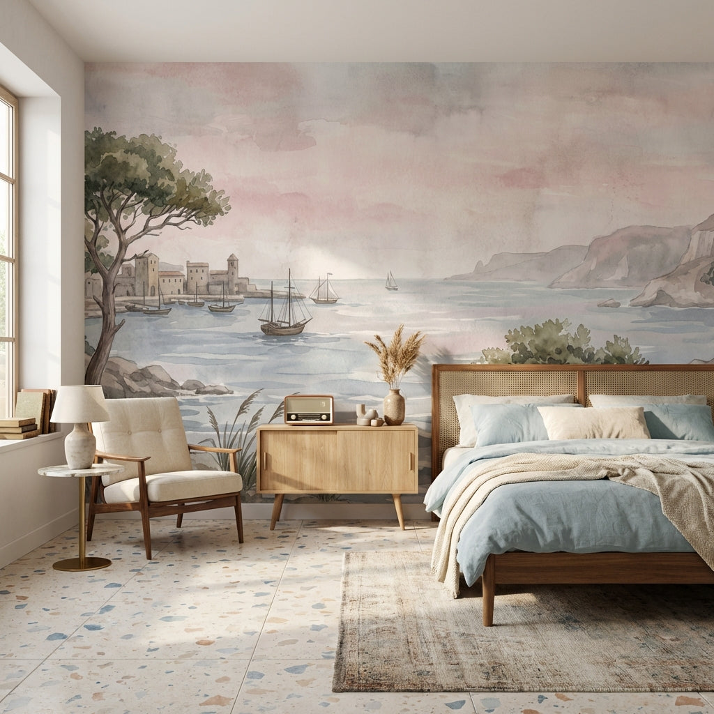Sulu Boya Sahil Manzaralı Poster Duvar Kağıdı Pastel Salon