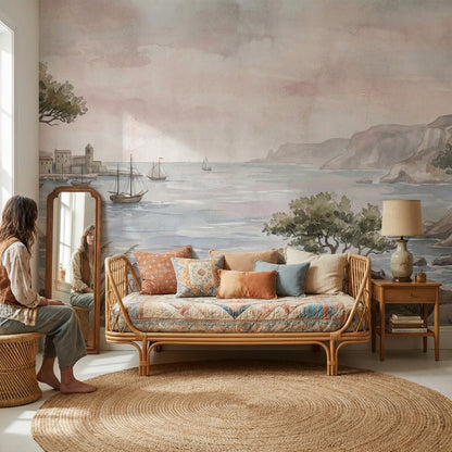 Sulu Boya Sahil Manzaralı Poster Duvar Kağıdı Pastel Salon