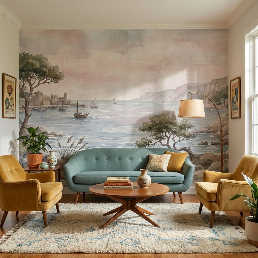 Sulu Boya Sahil Manzaralı Poster Duvar Kağıdı Pastel Salon