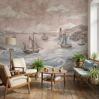 Yelkenli Deniz Manzaralı Poster Duvar Kağıdı Pastel Salon Dekoru