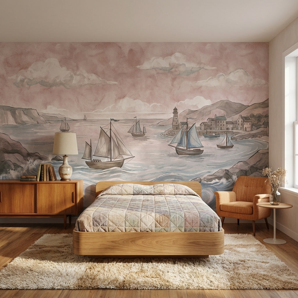 Yelkenli Deniz Manzaralı Poster Duvar Kağıdı Pastel Salon Dekoru