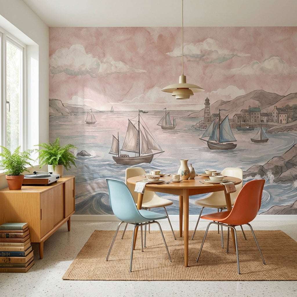 Yelkenli Deniz Manzaralı Poster Duvar Kağıdı Pastel Salon Dekoru
