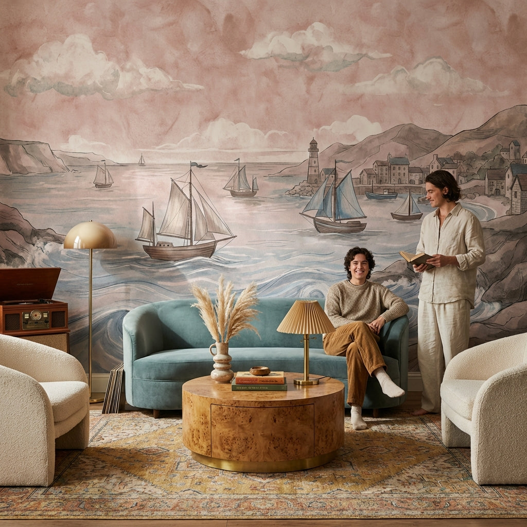 Yelkenli Deniz Manzaralı Poster Duvar Kağıdı Pastel Salon Dekoru