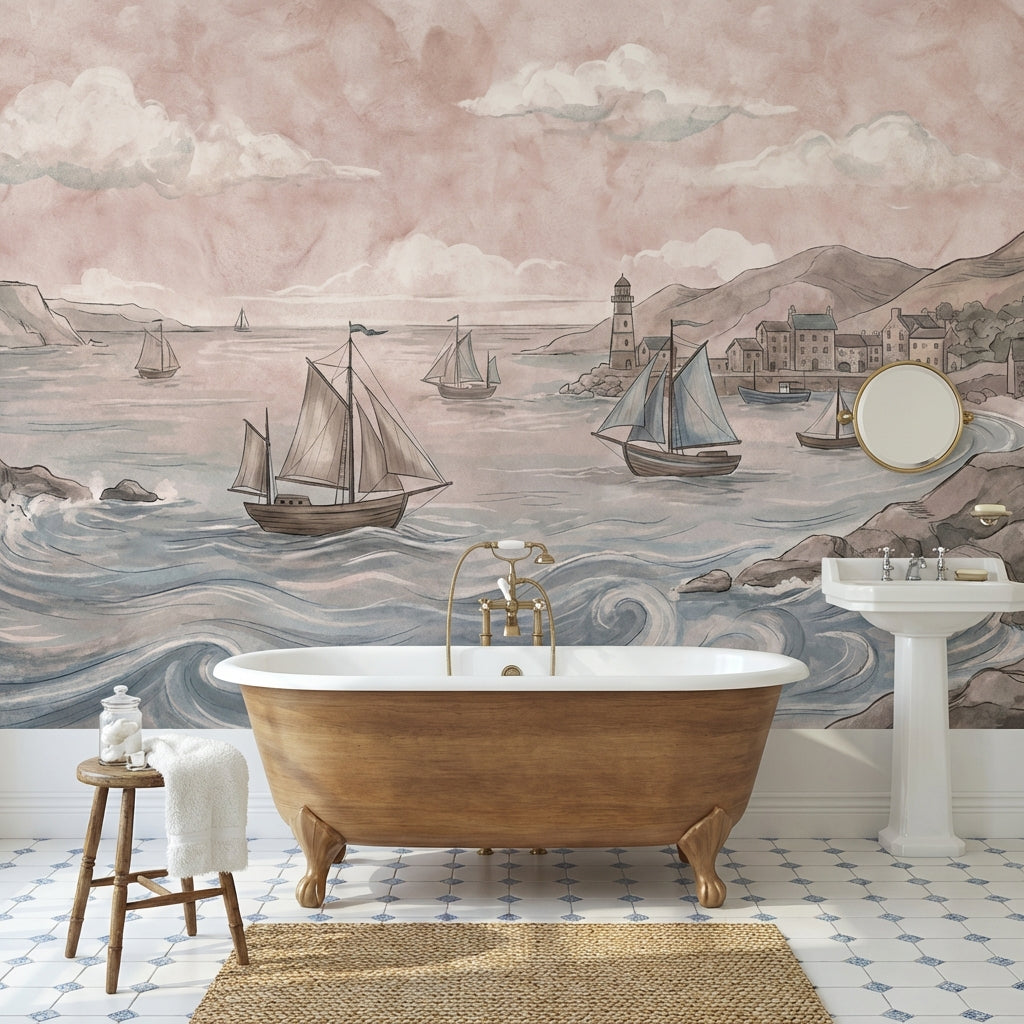 Yelkenli Deniz Manzaralı Poster Duvar Kağıdı Pastel Salon Dekoru