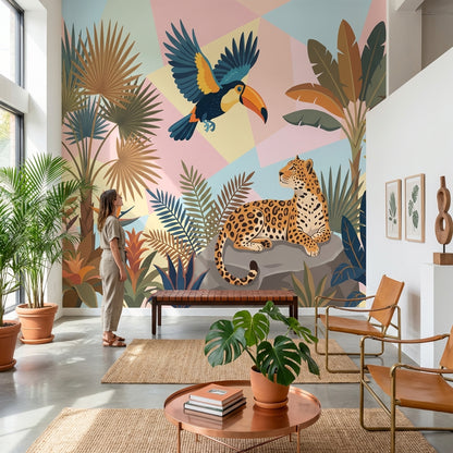 Tropikal Safari Hayvanlı Poster Duvar Kağıdı Renkli Salon Dekoru