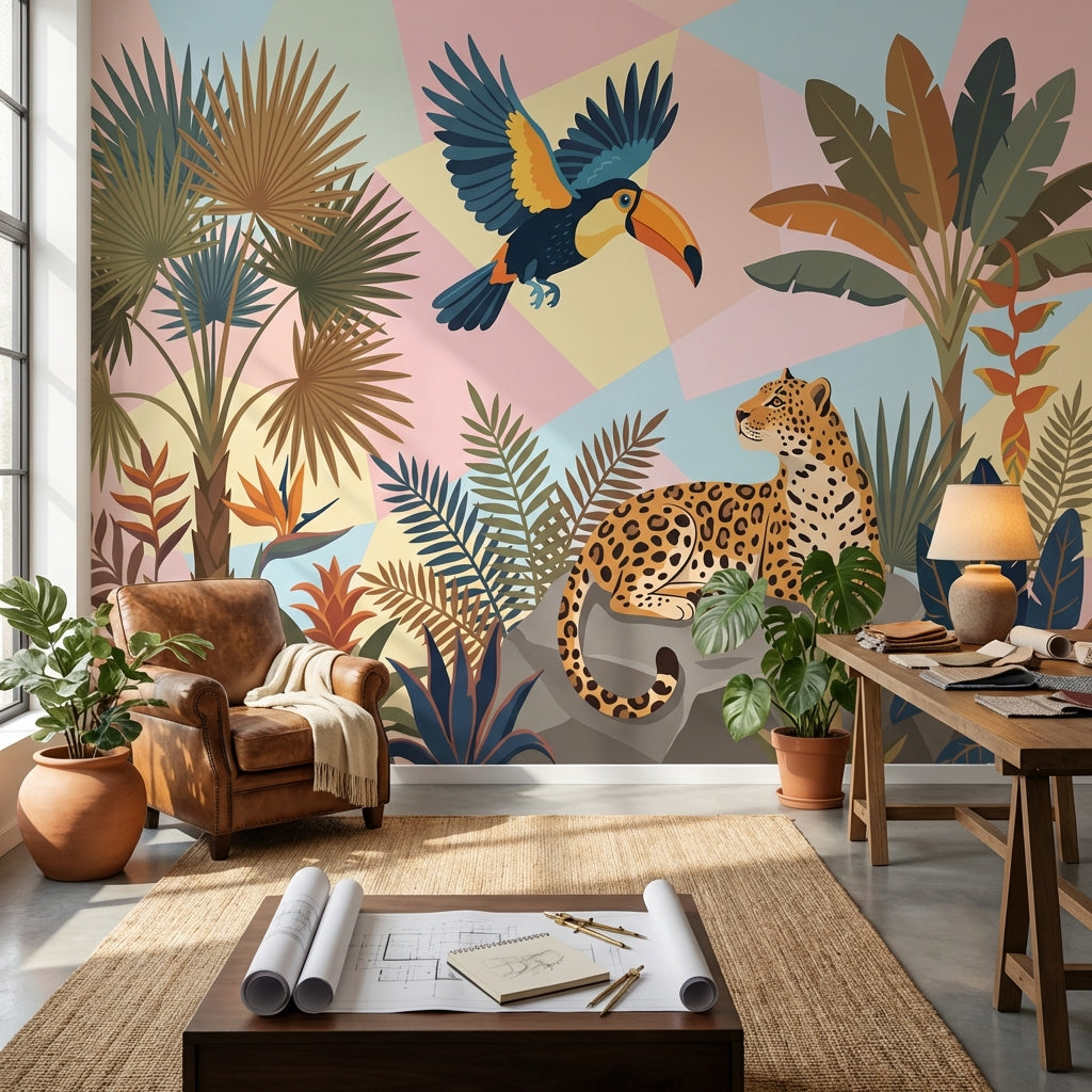 Tropikal Safari Hayvanlı Poster Duvar Kağıdı Renkli Salon Dekoru