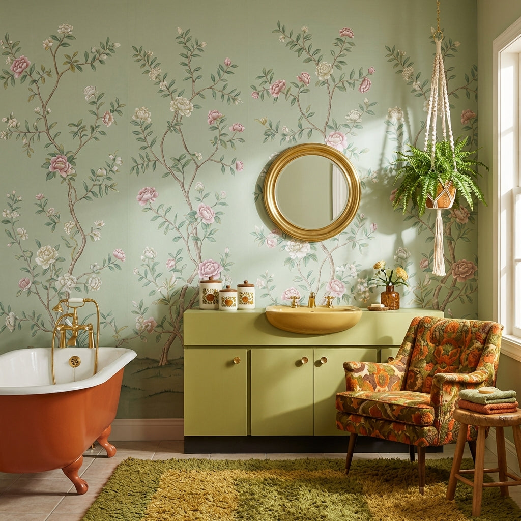 Romantik Çiçek Dallı Poster Duvar Kağıdı Adaçayı Yeşili Banyo