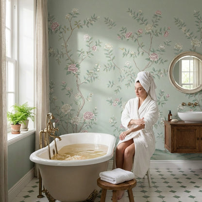 Romantik Çiçek Dallı Poster Duvar Kağıdı Adaçayı Yeşili Banyo