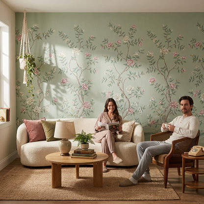 Romantik Çiçek Dallı Poster Duvar Kağıdı Adaçayı Yeşili Banyo