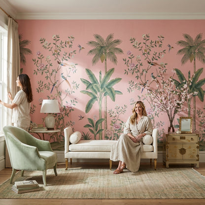 Tropikal Palmiye ve Kuşlu Poster Duvar Kağıdı Pudra Pembe Salon
