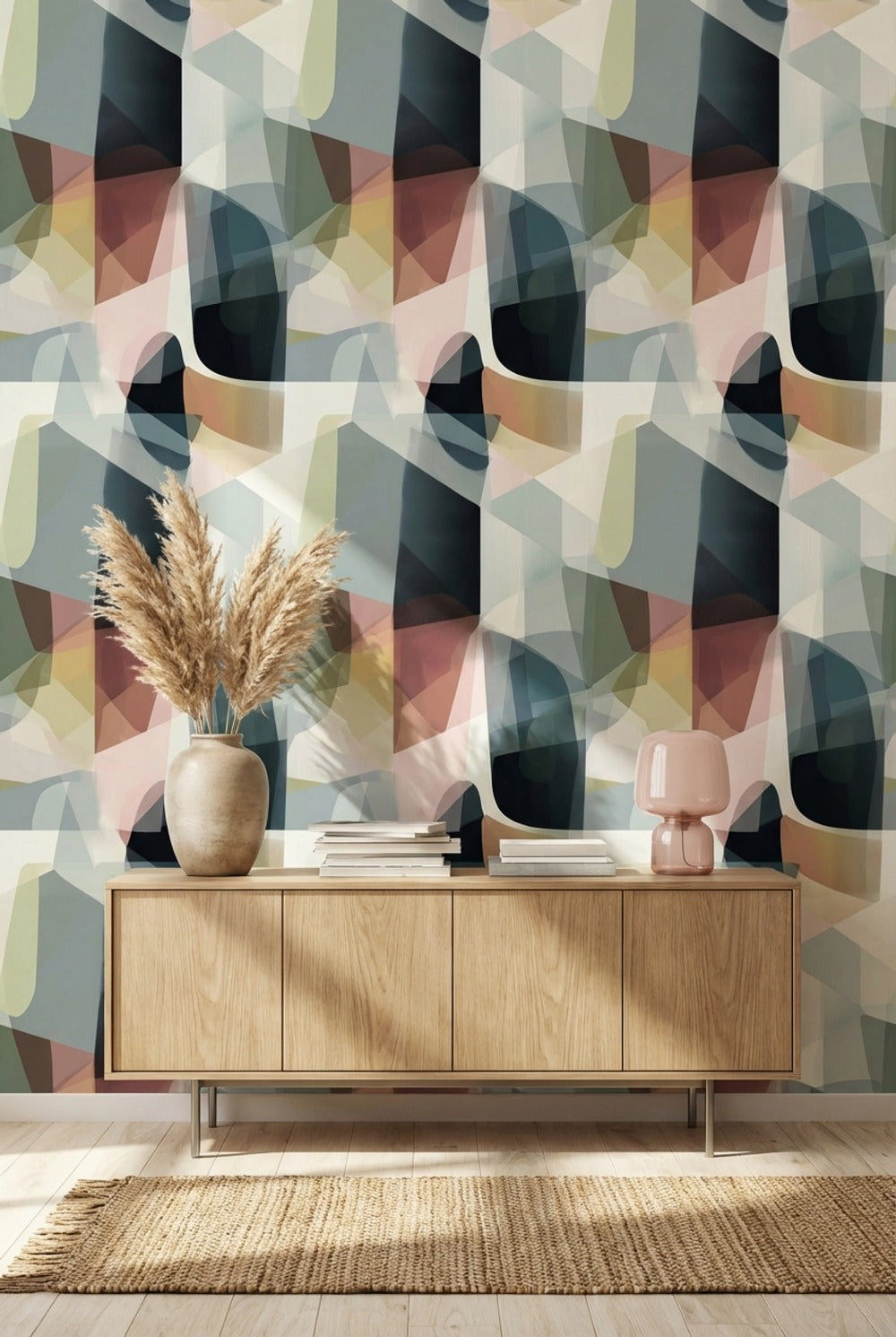 Geometrik Şekilli Duvar Kağıdı Pastel Renkli Modern Salon