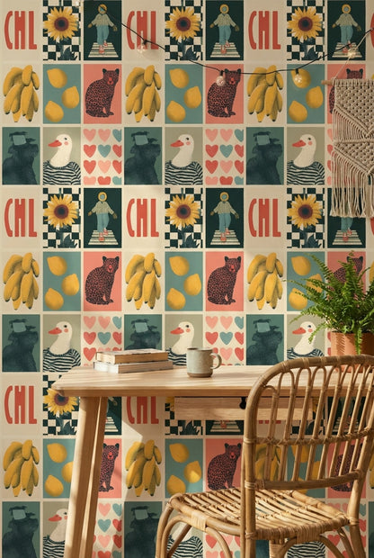 Retro Pop Art Kolaj Desenli Duvar Kağıdı Renkli Çalışma Odası