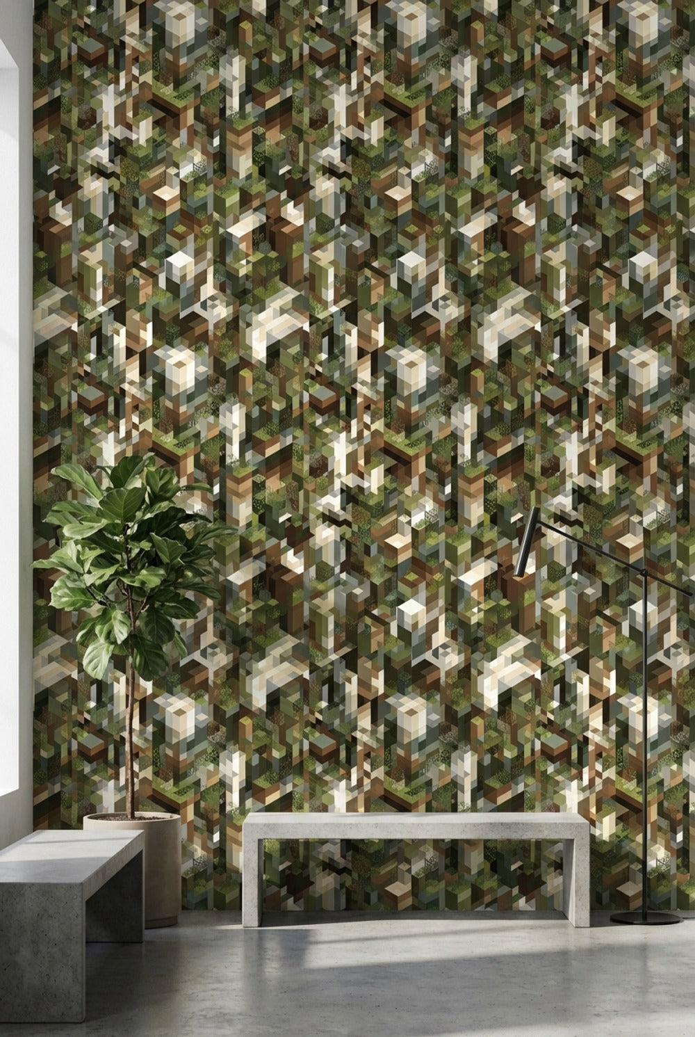 Geometrik Küp Desenli Duvar Kağıdı Yeşil Kahverengi Modern