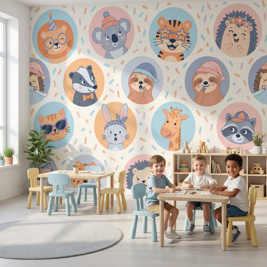 Sevimli Hayvan Yüzlü Poster Duvar Kağıdı Pastel Çocuk Odası