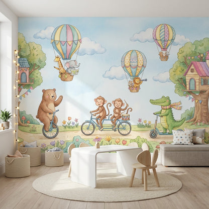 Balonlu Hayvanlar Poster Duvar Kağıdı Pastel Mavi Çocuk Odası